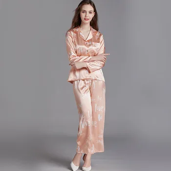 

Casual Satin Nightwear 2PCS Pajamas Suit Women Silky Intimate Lingerie Shirt&Pants Print Sleepwear Nightgown 2020 New Homewear