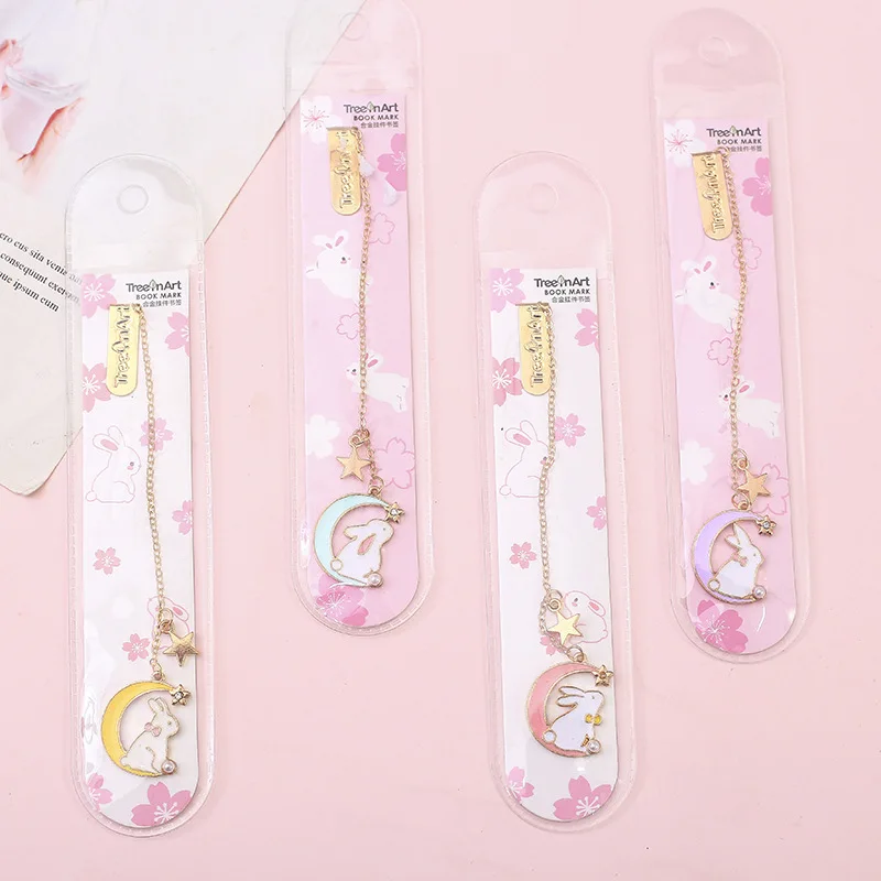 

1X Kawaii Moon And Rabbit Metal Chain Pendant Bookmark Marker of Page School Office Supply Student Stationery