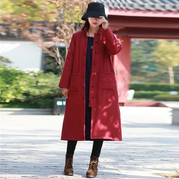 

Winter Woman Coats 2019 New Cotton and Linen Chinese Jacket Quilted Collar Collar Buckle Parka Long Linen Coat Female