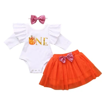 

Halloween Baby Girls Clothes Long Sleeve Pumpkin Bodysuit+Tulle Skirts+Headband Outfits 2019 New Design For Infant Baby 3-24M