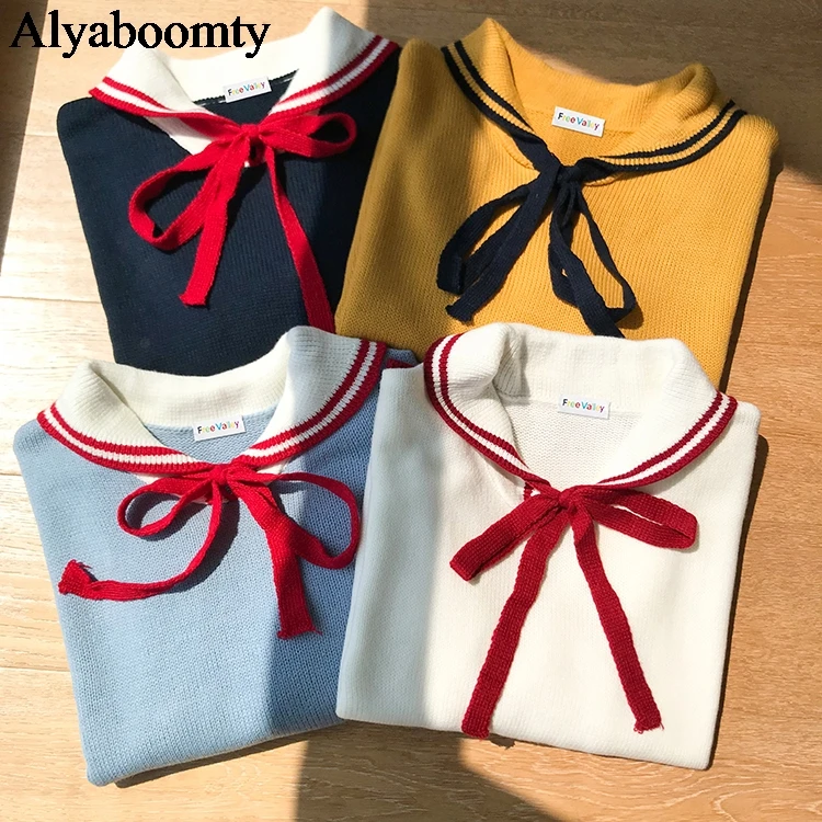 New Japanese Preppy Style Autumn Winter Women Sweater Sailor Collar Bow White Blue Yellow Knitted Pullover Cute Kawaii Outerwear | Женская