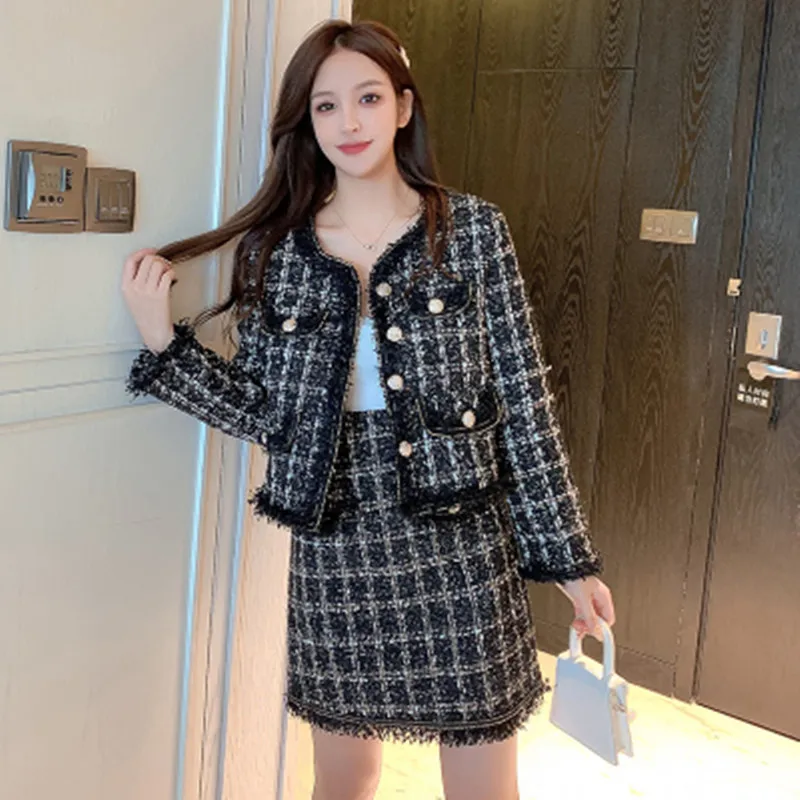 

2020 Autumn Winter Runway Tweed Suit Set Women's Single Breasted Short Jacket Coat + High Waist Tassels A-line Mini Skirt Suit