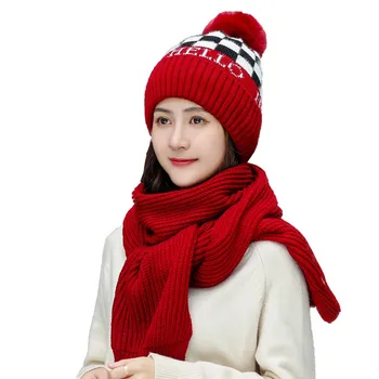 

2pcs Winter Knitting Beanie Hats Women Plaid Pompom Soft Warm Caps Stretchy Outdoor Ski Cycling Cap Scarf Set