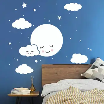 

White Clouds Cartoon Wall Stickers Children Room Decorative Stars Printing 3D Art Mural