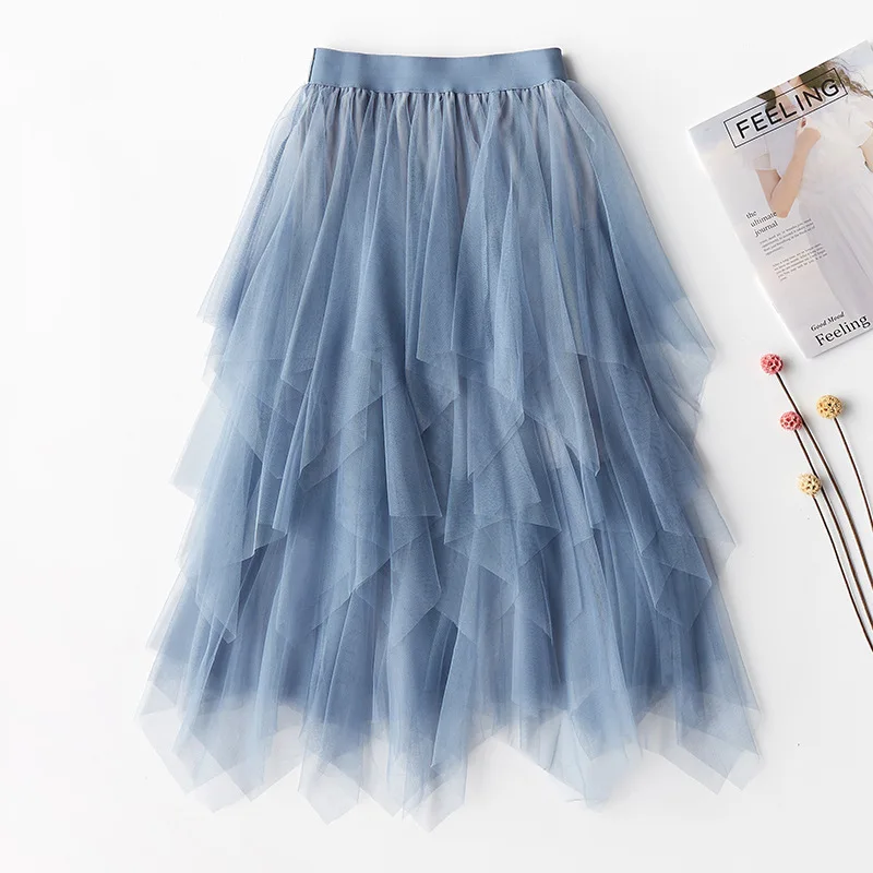 Осенне-летняя юбка с завышенной талией, нестандартная ретро юбка для женщин,, Корейская сетка, марля, плиссированные длинные сексуальные юбки для женщин, юбка миди - Цвет: Синий
