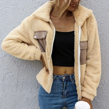 

Teddy Coat Women Autumn Winter Solid Plush Jacket Warm Long Sleeve Thicken Soft Jacket With Pocket Outerwear Overcoat Streetwear