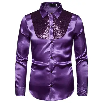 

Stage costumes Clothing Men's Shirt Long Sleeve Blouse Man Social Shirt for Men Luxury Sequins Show Purple Gold