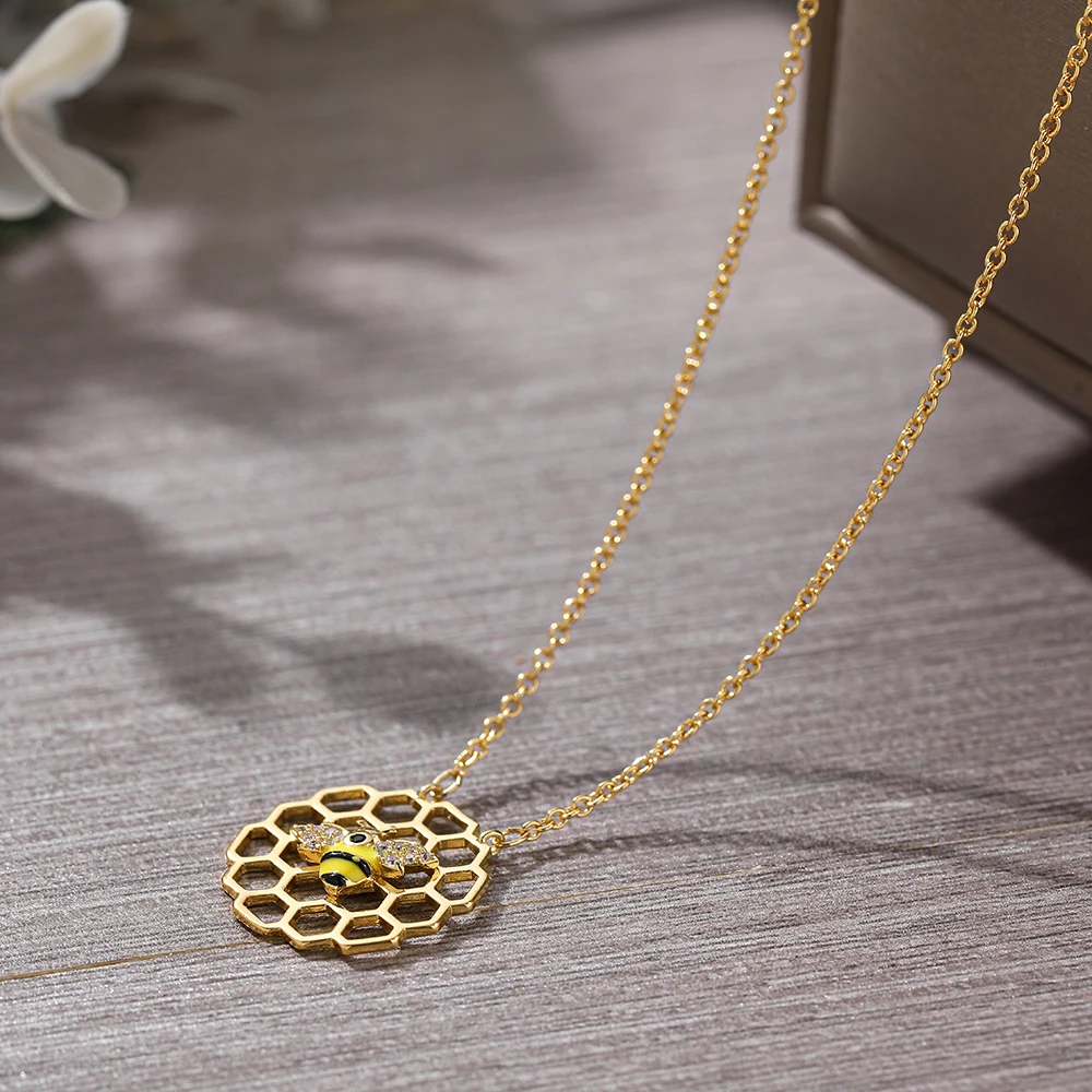 Crystal Flower and Enamel Bee Necklace in Gold