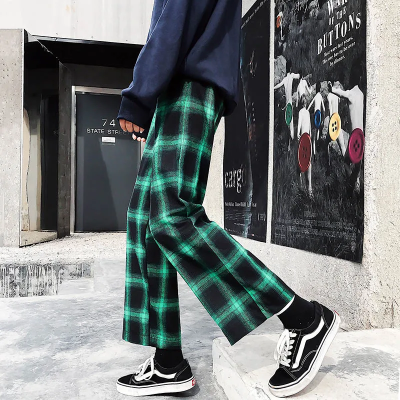 Bella philosophy, осень, Харадзюку, уличная одежда, клетчатые штаны для женщин, высокая талия, свободные широкие брюки, корейский стиль, хип-хоп, мужские брюки - Цвет: green