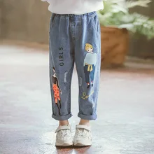 Джинсы для девочек; Новинка года; сезон осень; модная детская одежда в западном стиле; ковбойские брюки с рисунком для больших мальчиков; Cn7309