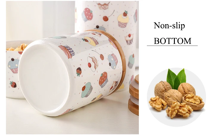 Creative Cute Ceramic Sealed Jar Wooden Lid Tea Box Coffee Candy Flour Canister Kitchen Food Organizer Spices Seasoning Bottle