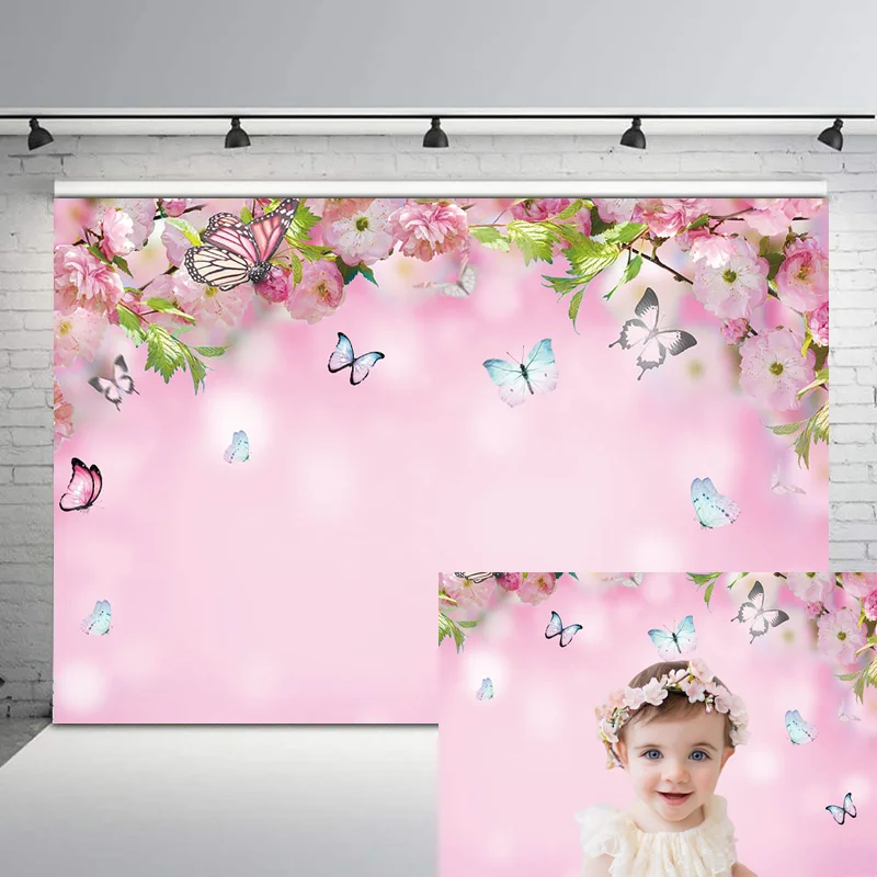 

NeoBack Spring Backdrop Peach Blossom Flowers Photography Background Butterfly Pink Children Backgrounds for Photo Studio