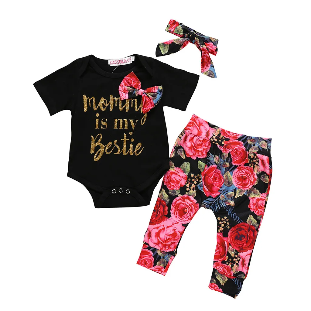 

Autumn Baby Boy Girls Romper Clothes Sets Toddler Newborn Outfits Letter Romper+Floral Pants+Hairband Set roupa infantil HOOLER