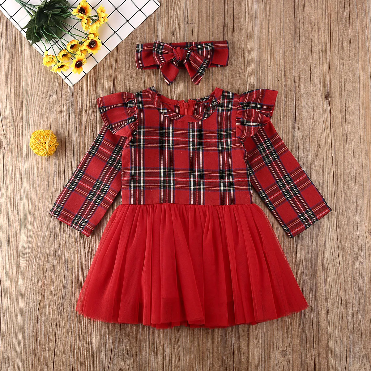 New Toddler Baby Girl Christmas Clothes Plaid Long Sleeve Tutu Dress+Headband Set