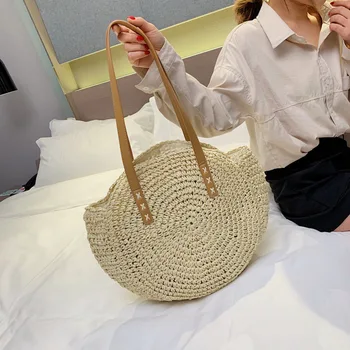 

Straw woven bag new one shoulder beach bag hand woven bag paper rope hollow round handbag summer women's bag