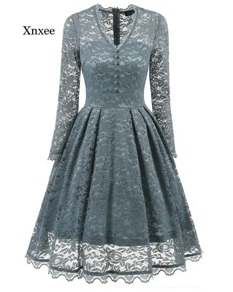 

V Neck lace mini Dress Long Sleeve Cocktail Knee Length Pleated Full spring Embroidered Party Dress Vestido fall elegant bodycon