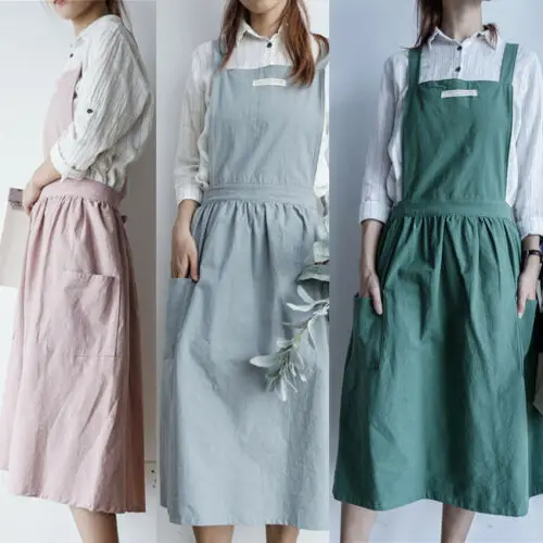 

Women Cotton Linen Cross Back Apron Pockets Japanese Housework Crafts Baking Chefs Kitchen Restaurant Cooking Aprons Wrap