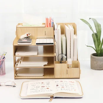 

Desktop Storage Rack Wooden Bookshelf Drawer Student Bookend With Storage Box Office File Rack