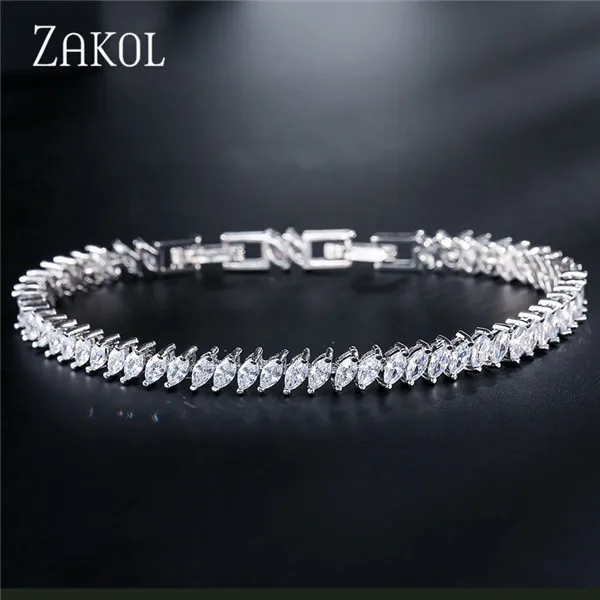 Rhodium plated ZAKOL Новое поступление прозрачный белый AAA Marquise Cut Циркон Кристалл браслет моды браслеты для женщин Свадебная вечеринка ювелирные изделия FSBP155 - Окраска металла: Rhodium plated
