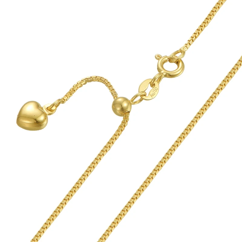 Pure 18k Yellow Gold Chain Women Luck Box Chain & Heart Charm Adjustable Necklace 20inch 3.91g 1.1mmW