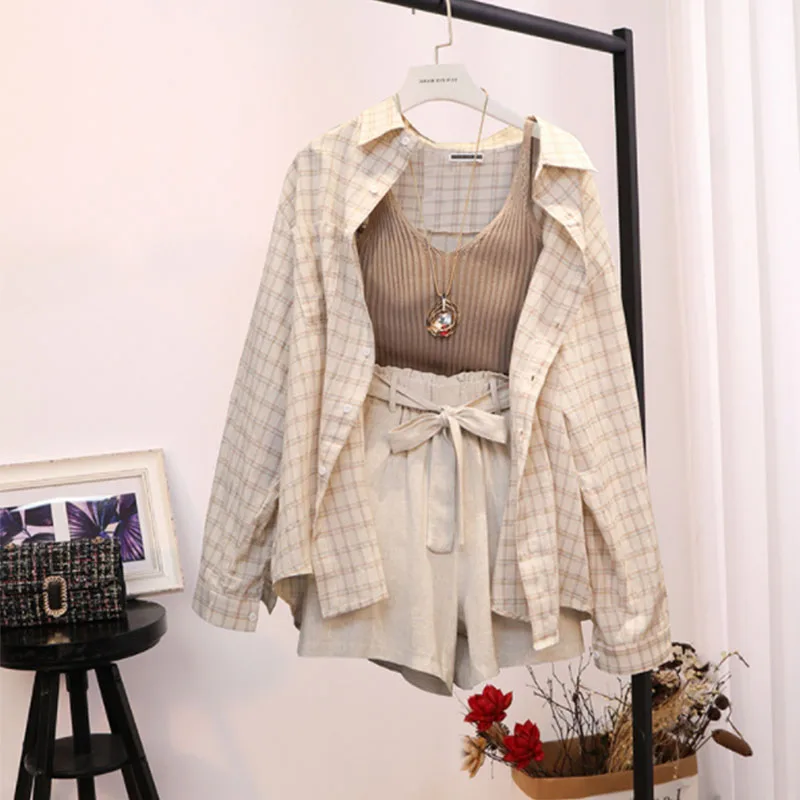 

Summer Autumn Women Three piece sets Casual Linen Plaid Tops + Shorts Elastic Waist Wide Leg Pants Suit Set 3 Piece Set