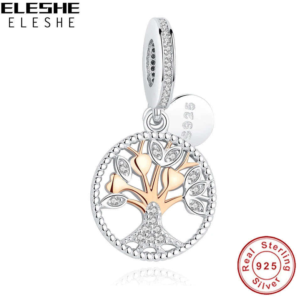 Jewelry Bracelet Pendant Charm Gold-Bead ELESHE 925-Sterling-Silver Tree-Of-Life Family