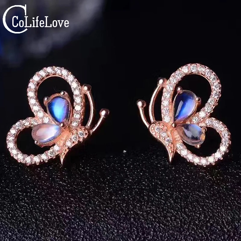 

Beautiful Butterfly Gemstone Stud Earrings 4 Pcs 4*6mm Natural Moonlight Stone Earrings Solid 925 Silver Moonlight Stone Earring