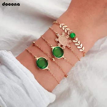 

docona Punk Green Rhinestone Leaf Sun Multilayer Bracelet Set for Women Girl Metal Geometric Chain Charms Bracelet 5pcs/set 8863