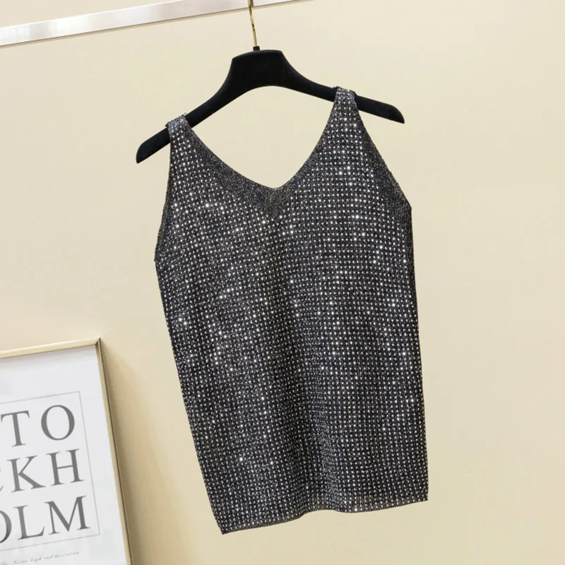 Женский топ без рукавов с пайетками на бретельках, вязаный полосатый свободный крой, летний топ, рубашка JS26