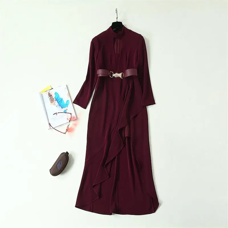 Женское Макси платье высокого качества подиумная стойка воротник с длинным рукавом Несимметричное длинное платье повседневные платья NP0753A