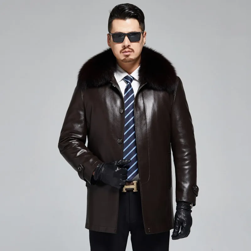 

815 New Winter Clothing Men's Leather Overcoat Medium-long Sheep Skin Nick Suit Rex Rabbit Inner Mens Jackets and Coats