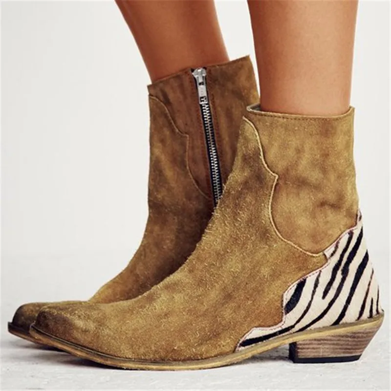

MoneRffi 2019 Boots Women Zebra Pattern Ankle Boots Winter Flock Square Heel Pointed Toe Botas Mujer Female Zebra Zip Sexy Ankle