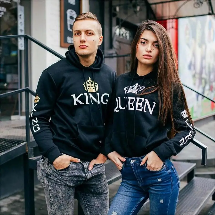 Lovers Couples Hoodies New Fashion KING QUEEN Printed Sweatshirt Loose Sweatshirt Casual Pullovers Solid Color Ropa Mujer