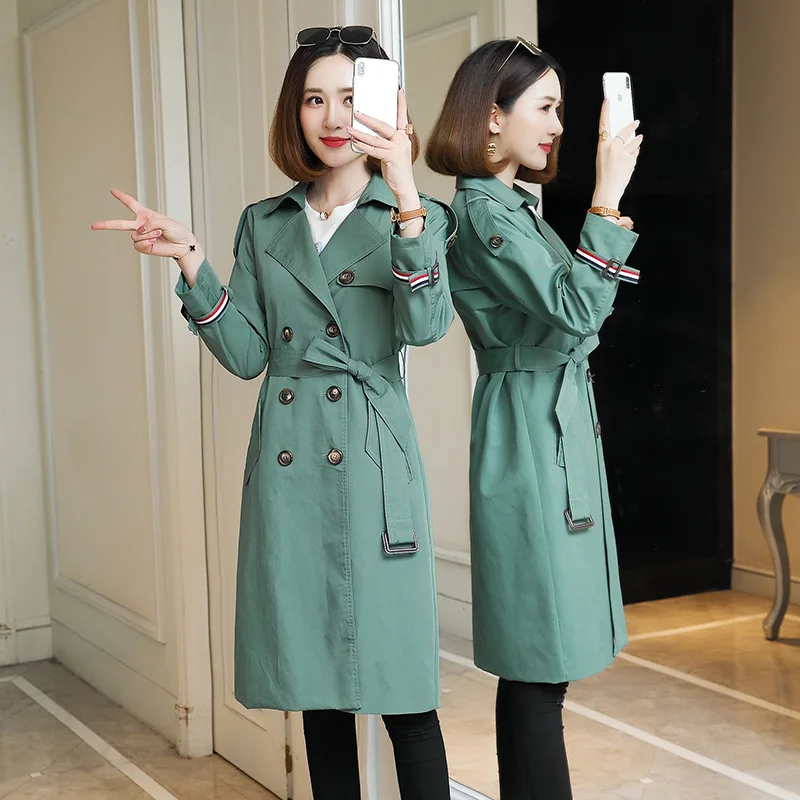 

Mid-length 2019 Autumn Fold-down Collar Fashion Elegant Double Breasted Slimming Trench Coat