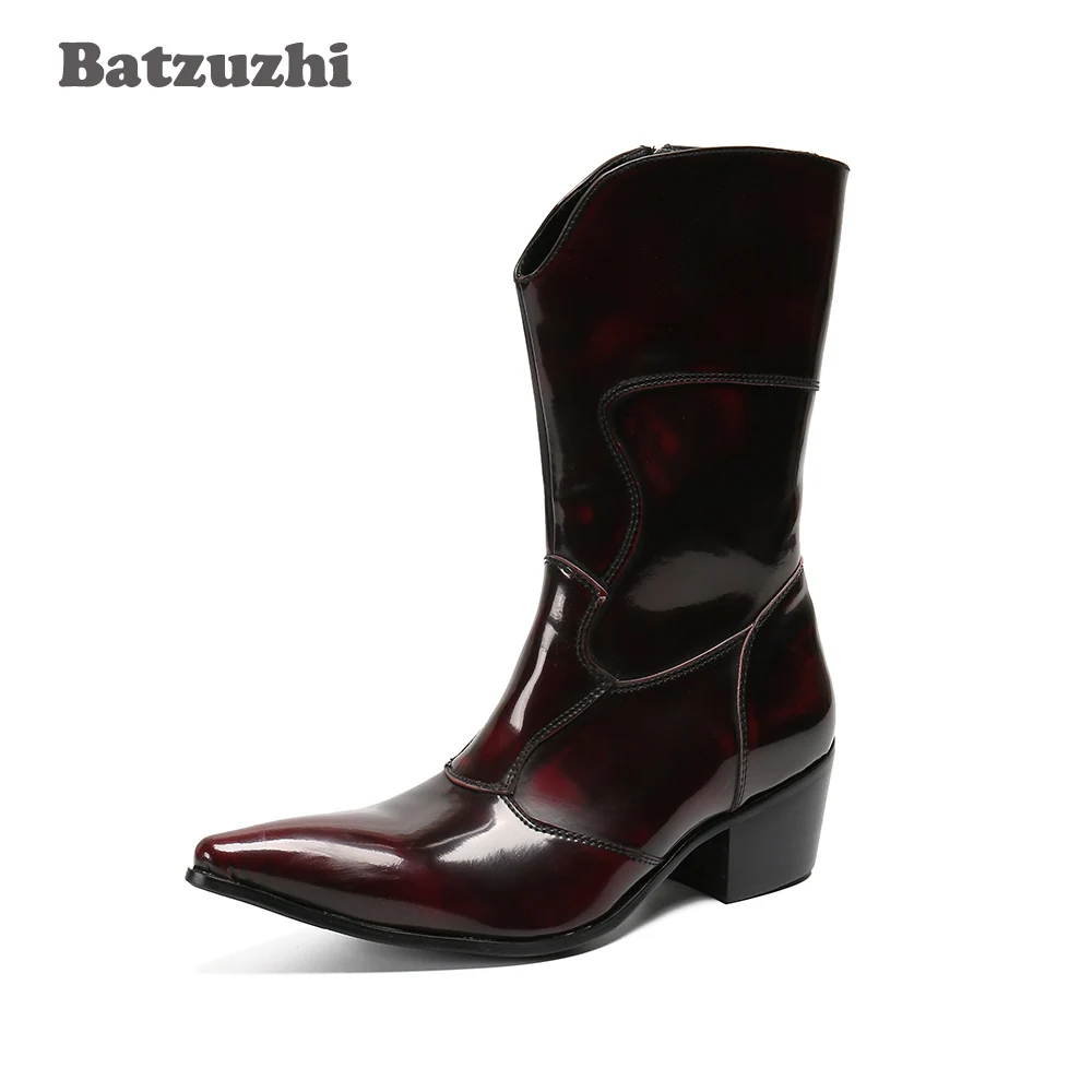 Batzuzhi Western Cowboy Men's Boots Medium-Calf Leather Boots Men Motorcycle Botas Militares Punk Boots Men Party, Big Size 6-12