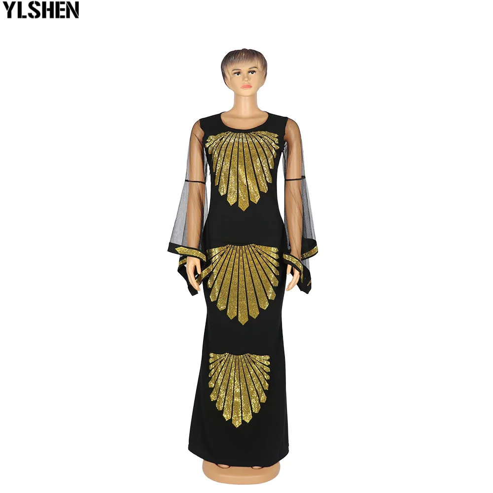 African Dresses For Women Dashiki Mesh Ruffle Sleeve Robe African Dress Africa Clothes Super Elastic Diamonds Party Maxi Dress 28
