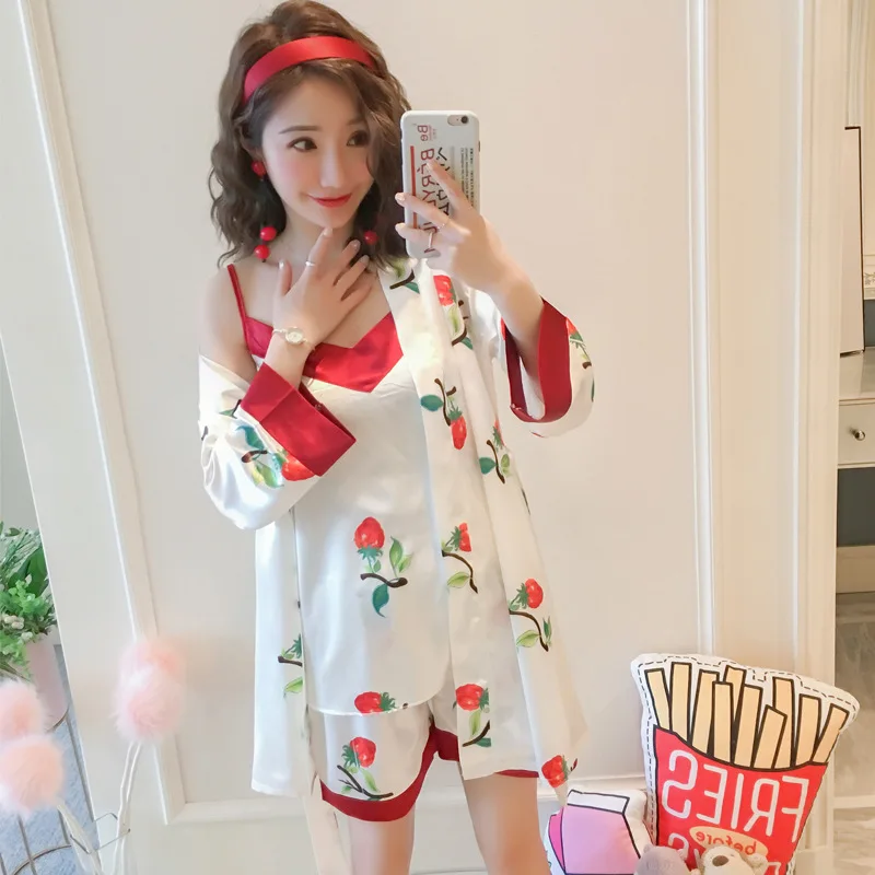 

2020 Imitated Silk Pajamas Women's Three-piece Set Cute V-neck Strawberry Big Flower Soft Silk Shorts Robe Tracksuit