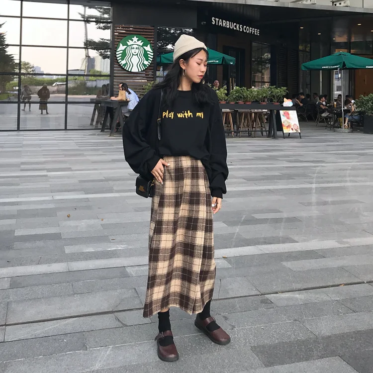 FINEWORDS, весна, Harajuku, винтажная длинная клетчатая юбка с разрезом, уличная одежда, трапециевидная юбка для женщин, корейский стиль, миди, jupe longue femme