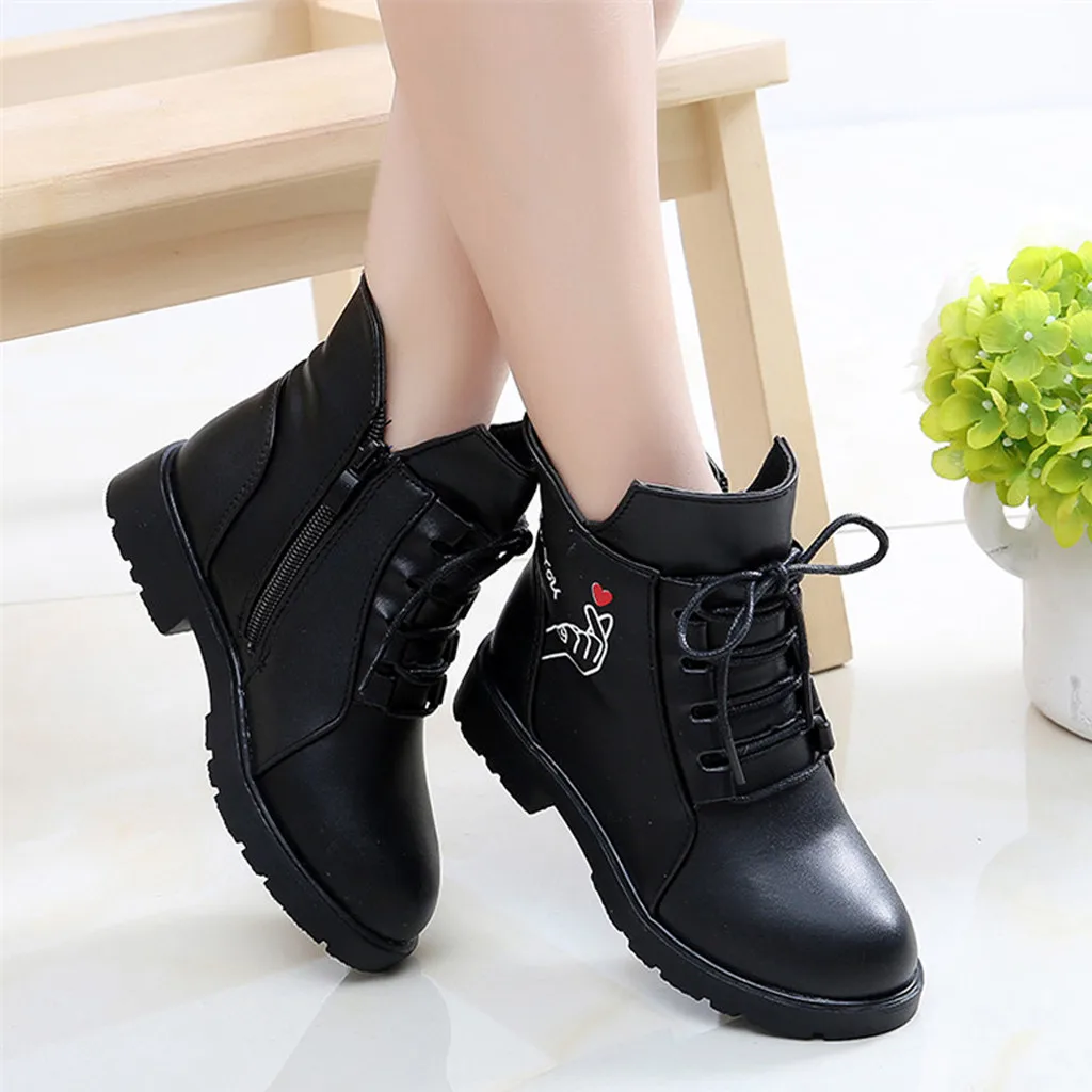 Children Baby Girls Princess Casual Shoes Breath Leather Zip Winter Cotton Warm Boots Solid Rubber Cross-tied Boots For Girls