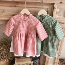 Осенний дизайн Cheongsam; платья в клетку для маленьких девочек; хлопковый Халат на пуговицах ручной работы; детская одежда; праздничные платья для малышей