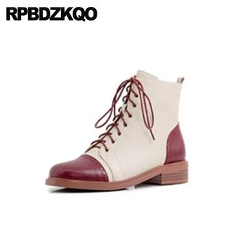 

shoes women wine red front lace up casual ankle boots autumn high heel 2019 block military fall combat booties round toe chunky