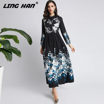 

LINGHAN Elegant Print Party Dress Women's Fashion Long sleeve Single-breasted Cardigan Dresses Designer Autumn New