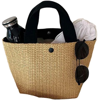 

Capacity Straw Bags Women Handmade Woven Basket Bag Tote Summer Bohemian Beach Bags Canvas Lady Handbags(Black)