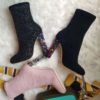 

Fashion Women Ankle Bootes Luxury Colorful Crystal Round Toe Square High Heels Pumps Runway Party Dress Shoes Zapatos de Mujer