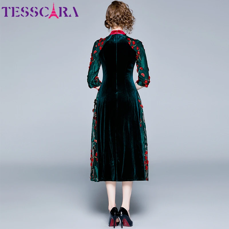 TESSCARA, женское роскошное бархатное платье с вышивкой, женские сетчатые дизайнерские коктейльные платья в китайском стиле, высококачественные вечерние платья