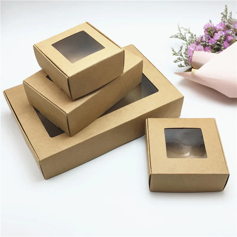 50Pcs Deluxe Kraft Paper Gift Packing&Jewelry Display Box With Clear PVC Window Party Candy Box Brown Package Window Gift Boxes