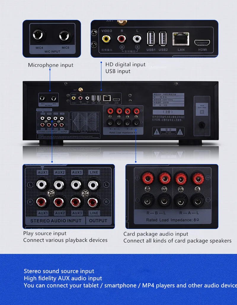E-6 2,0 канал 500 Вт усилитель AV KTV Караоке Bluetooth HIFI по требованию песня Цифровой HDMI умный голос домашний кинотеатр Wi-Fi USB SD