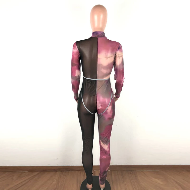 Красочные Tie Dye печати сексуальные комбинезоны для женщин Sheer Mesh сплайсированные прозрачные боди повседневное Водолазка с длинным рукавом Облегающий комбинезон