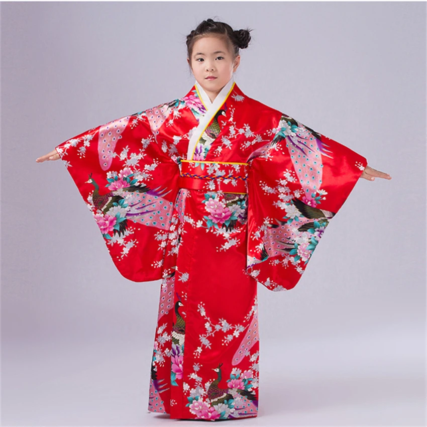 110-150cm Children Girls Japanese Traditional Costumes Kimono Dress with Obi Bathing Robe Yukata for Kids Girls Dance Wear
