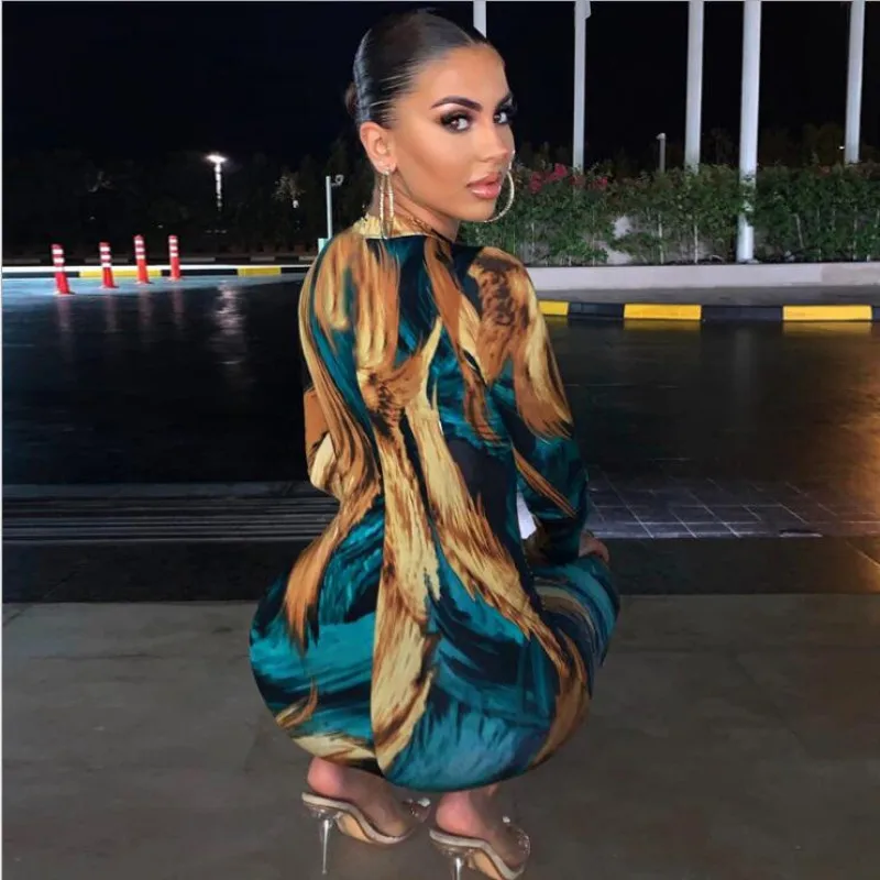 2020 Tie Dye Wave Print Bodycon Midi Dress  Spring Women Long Sleeve Sexy Party Club Casual Clothes